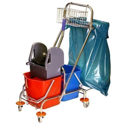 Zestaw: Kompletny mop 40cm Flipper + wózek porządkowy TOM02 z uchwytem na worek / chrom